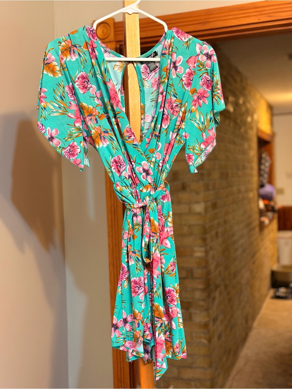C- Mode Floral Romper in Aqua with Pink Bloom